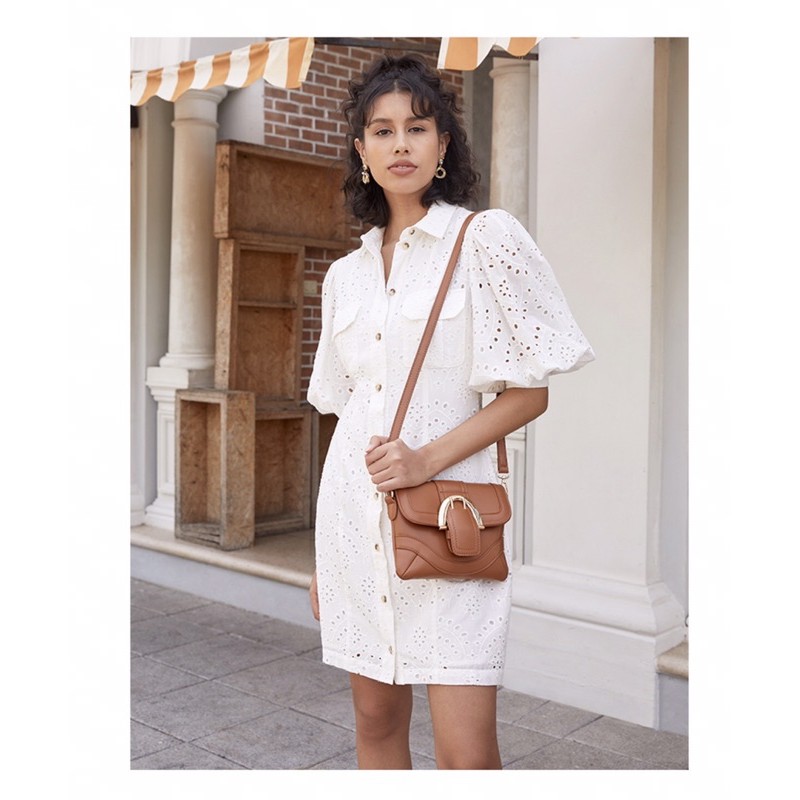 Pomelo เดรสแขนพอง ลายฉลุ สีขาว Shopee Thailand