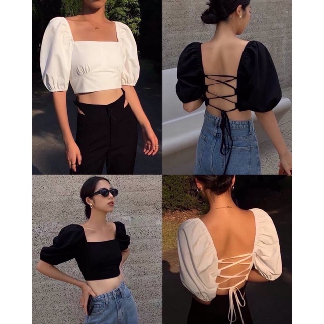 เสื้อครอปคอเหลี่ยมร้อยเชือกด้านหลัง