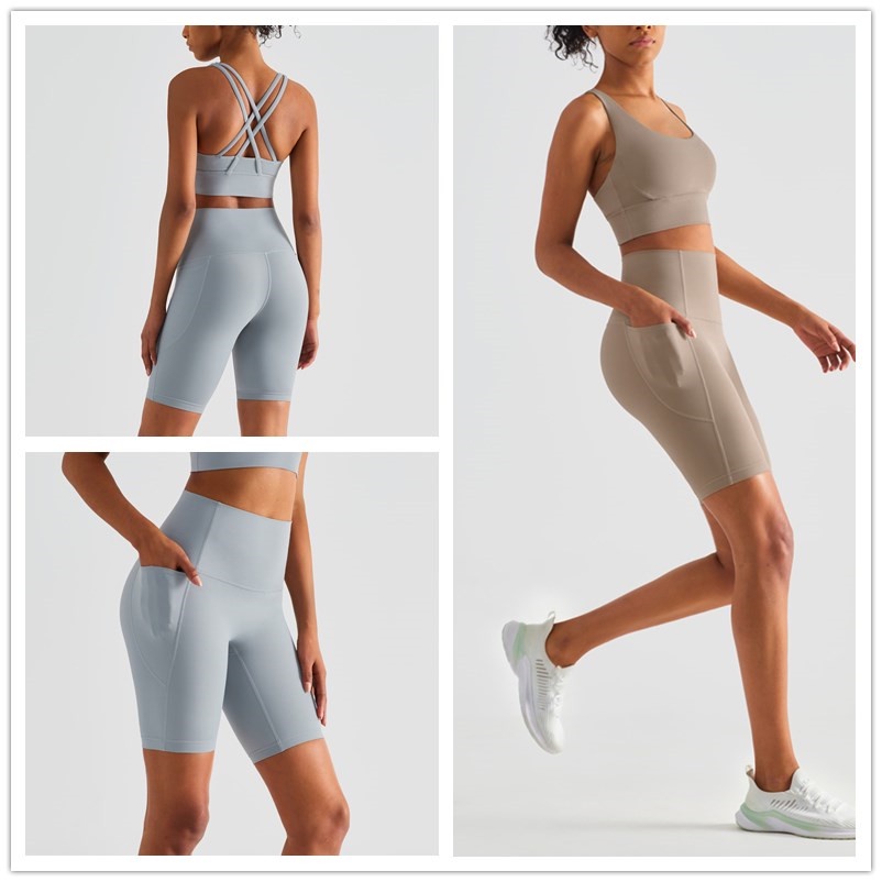 L.CIRCLEWomen Yoga Short Set 4 Way Stretch Pocket Leggings With Cross Back Bra
