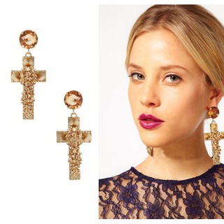 ASOS RIVETS CROSS EARRINGS ต่างหู ไม้กางเขนสีทอง ห้อยระย้า ดีไซต์งาน ASOS