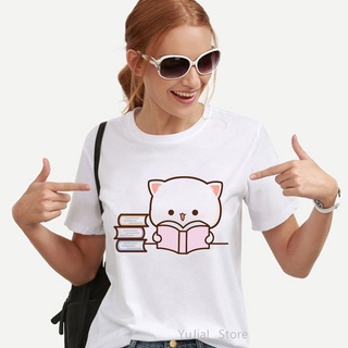เสื้อแฟชั่นผญ - พีชและโกมะโมจิแมวรักไอศครีมการ์ตูนพิมพ์เสื้อยืดผู้หญิงเสื้อผ้าผู้หญิงตลกเสื้อยืดผู้
