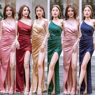 MF17276  แม็กซี่เดรสสายเดี่ยวไหล่เดียว ผ้าซาร่าเงา สีพื้น มีซิปหลัง เย็บจีบย่น 1 ข้าง กระโปรงผ่าด้านหน้า พร้อมส่ง  เนื้อ