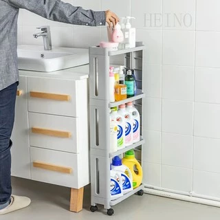 HEINOชั้นวางของ4ชั้น แบบมีล้อเลื่อน สามารถวางในที่แคบ พร้อมตะขอและล้อเลื่อน