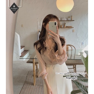 เสื้อเชิ้ตผ้าชีฟองแขนยาวสีชมพูเรียบหรู เข้ารูป หูไม้เกาหลี