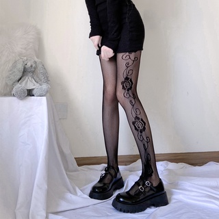 Women Black Tights Lolita Summer Japanese Side Rose Flower Fishnet Rompers Black Silk Socks Female Jk Hot Girl Thin Breathable