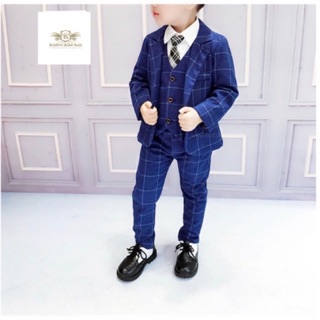 Boy Suit สูท เด็ก นำ้เงินตาราง เกาหลีสไตล์ ชุดเซท 3 ชิ้น พร้อม สีนำ้เงินตาราง  ขนาด 7,9,11,13,15,17 (2 ปี ถึง 11 ปี)