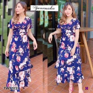 AK 12031 Maxi Dress เดรสยาวคอวีอกไขว้ แขนสั้น