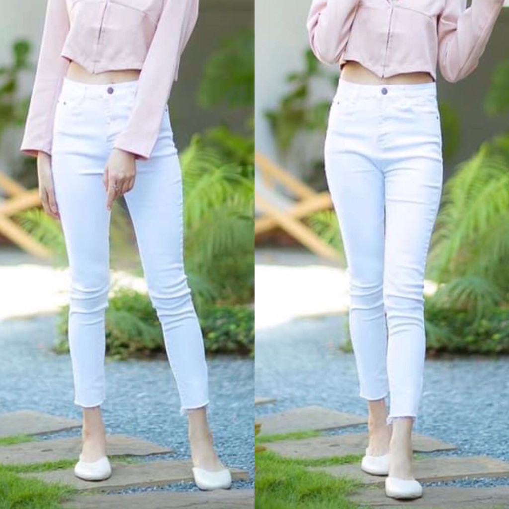 2NaraJeans ยีนส์ทรงเดพ เอวสูง ปลายตัด ผ้ายีนส์ยืด ยีนส์ผู้หญิง สีขาว