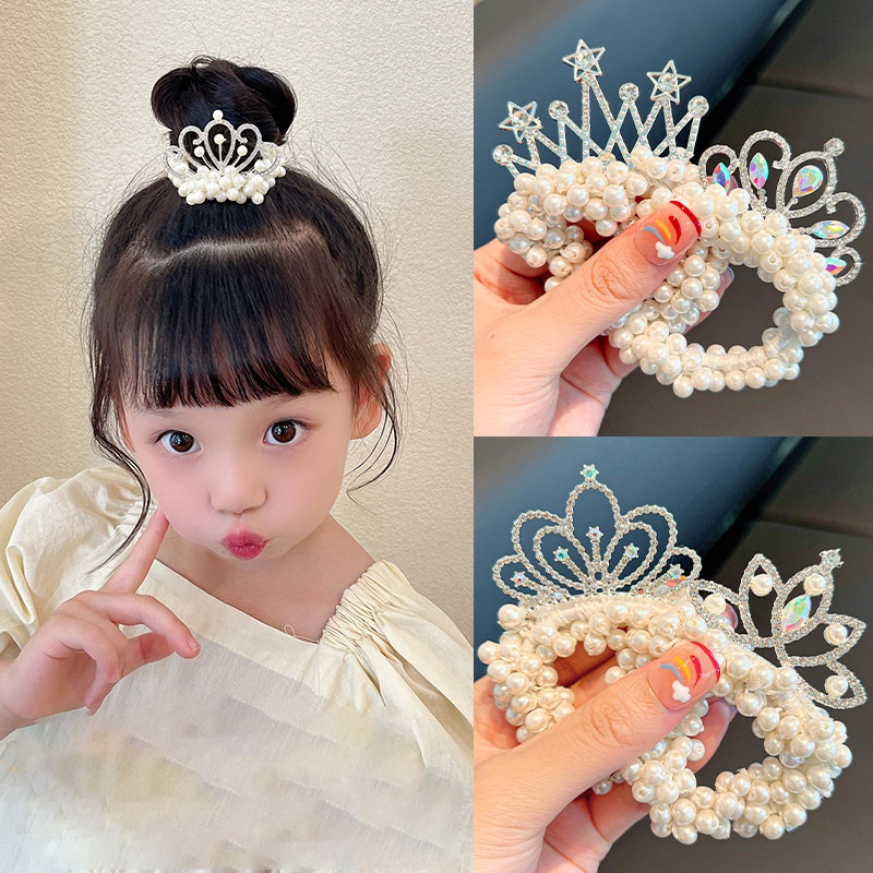 ยางรัดผม มงกุฎมุก เจ้าหญิง น่ารัก ยืดหยุ่น เครื่องประดับผม สําหรับเด็กผู้หญิง 1 ชิ้น