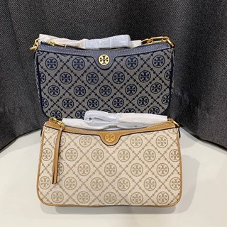 TORY BURCH T MONOGRAM JACQUARD ZIP WITH CHAIN SHOULDER BAG NAVY BLUE กระเป๋าคล้องแขน พร้อมสายสะพายไหล่แบรนด์ทอรี่เบิร์ช