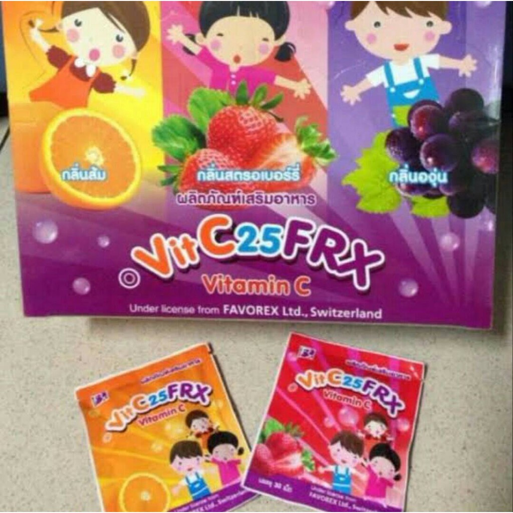 "Vit C 25 FRX วิตามินซีเด็ก กล่องละ 60 ซอง มี 3 กลิ่น ส้ม / สตอเบอร์รี่ / องุ่น จำนวน 1 กล่อง