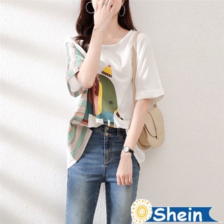 Shein 🔥พร้อมส่ง🔥เสื้อยืดแขนสั้นสไตล์เกาหลี เสื้อผ้าวินเทจผู้หญิง พิมพ์ลาย แนวมินิมอล เนื้อผ้านุ่มนิ่ม 5515