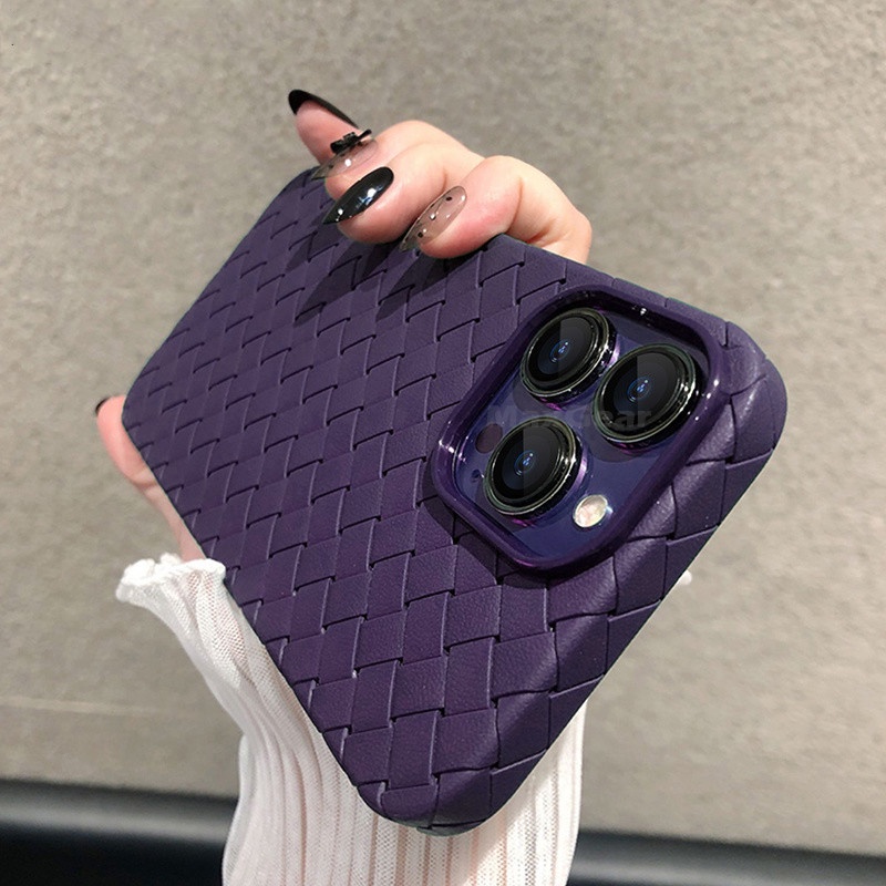 สีม่วงbreathableรูปแบบสานสําหรับiphone 16 15 14 Pro Max 14 Plus 11 12 13 Pro Max X XR XS Max 7 8 Plus BV Grid Solid Ultra Thin SoftปกหลังสําหรับManผู้หญิง