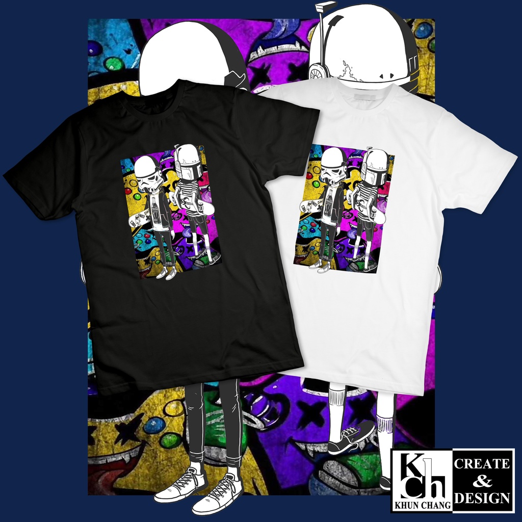 T-Shirt By Khun Chang เสื้อยืดลาย แนวสตรีท  ดำ ขาว รุ่น let's go แขนสั้น เสื้อยืด Unisex S M L XL 2X