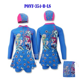 ชุดว่ายน้ำเด็กหญิง (4-10ขวบ) โพนี่ ลิขสิทธิ์แท้ My Little Pony แถมหมวกว่ายน้ำ ถุงใส่ชุด ลายม้าโพนี่ ผลิตในไทย พร้อมส่ง