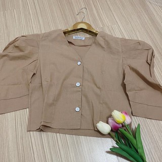 เสื้อคอปแขนยกผ้าลินิน สีน้ำตาล โกโก้