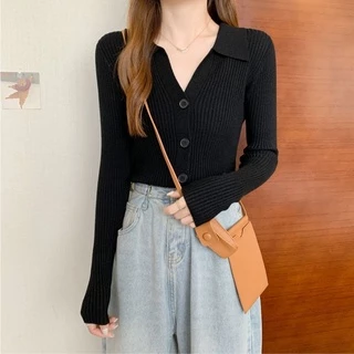 Vogue​🌟​พร้อมส่ง​🌟 เสื้อแขนยาวไหมพรม คอปก กระดุมด้านหน้าสีพาสเทลน่ารัก (13088) -C