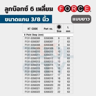 FORCE ลูกบ๊อกซ์ 6 เหลี่ยม แกน 3/8 นิ้ว หน่วยมิลลิเมตร ขนาด 6 - 24 มม. (มีทั้งลูกบ๊อกซ์สั้นและลูกบ๊อกซ์ยาว)