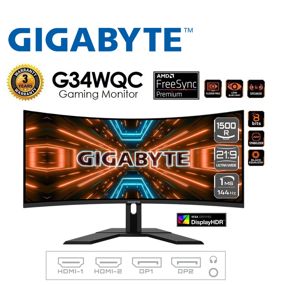 MONITOR (จอมอนิเตอร์) GIGABYTE G34WQC-A 3‎4" VA 1500R 1‎44Hz Gaming Monitor (G34WQC-A)