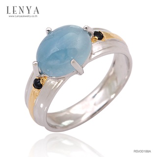 Lenya Jewelry แหวนอะความารีน(Aquamarine) ประดับไพลิน(Blue Sapphire) ตัวเรือนเงินแท้ชุบทองคำขาว