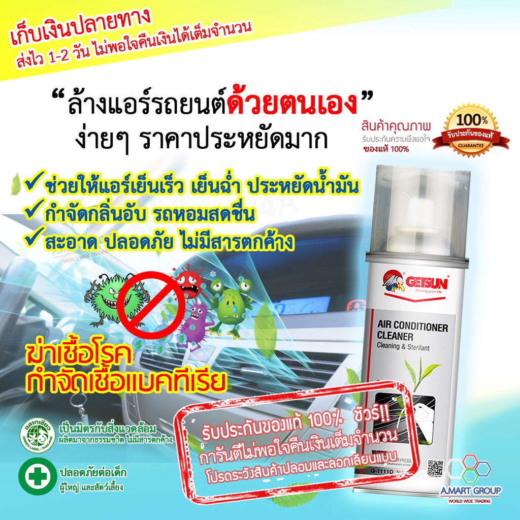 【ดีมาก!! การันตีจากผู้ใช้ 】GETSUN น้ำยาล้างแอร์รถยนต์ .ให้แอร์รถเย็นเร็ว ฆ่าเชื้อโรค กลิ่นหอมสดชื่น ช่วยประหยัดน้ำมัน