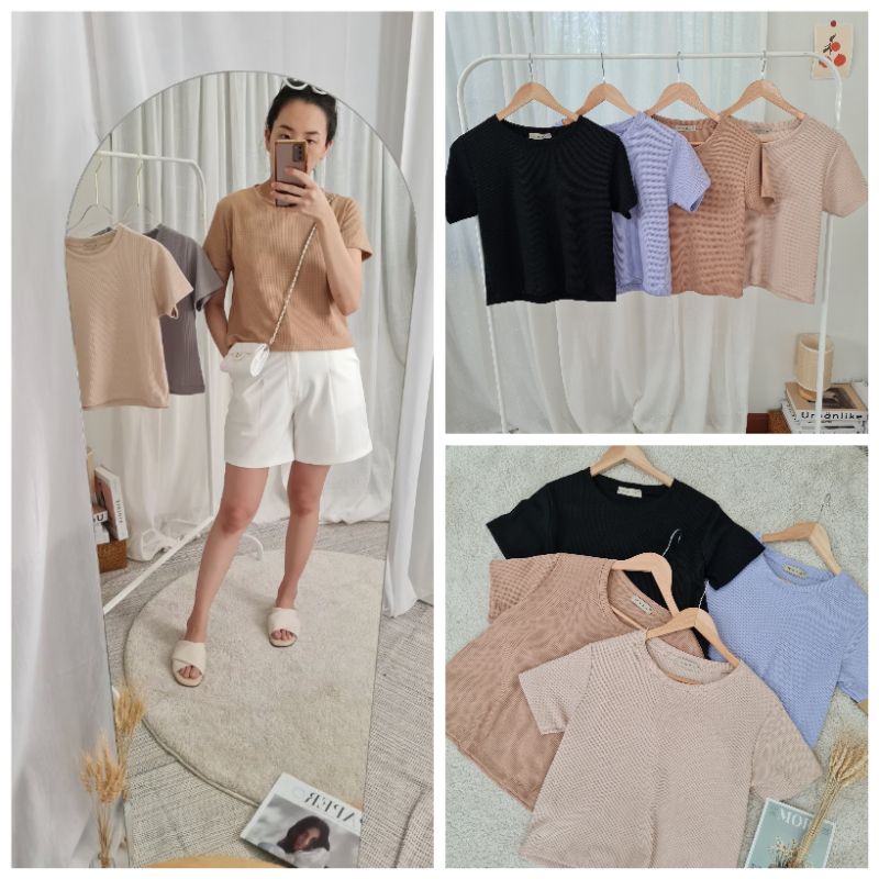 [ WF8 ] WARA เสื้อครอปคอกลมแขนสั้น ผ้าวาฟเฟิล