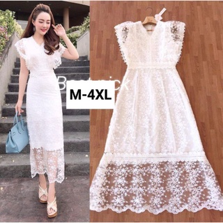 เดรสออกงานมี3สี!!! M-4XL Maxi Dress เดรสลูกไม้ขาวแขนระบาย งานป้าย Love Love