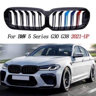 กระจังหน้า BMW G30 Lci G38 ทรง M3 แถบ3สี ซี่คู่ สีดำเงา 2021 / Black Front Bumper Racing Grill Kidney Grilles For BMW Series 5 G30 G38 F90 2021