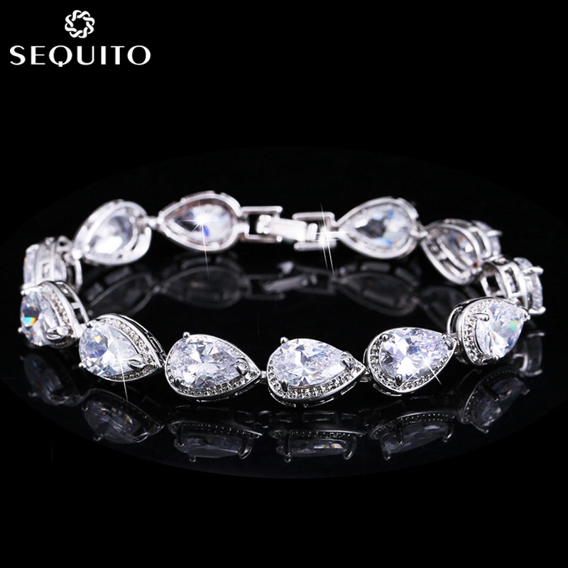 Sequito เจ้าสาว Big Water Drop CZ Zirconia คริสตัลงานแต่งงานกําไลข้อมือผู้หญิงแฟชั่นเครื่องประดับชุบเงิน B122