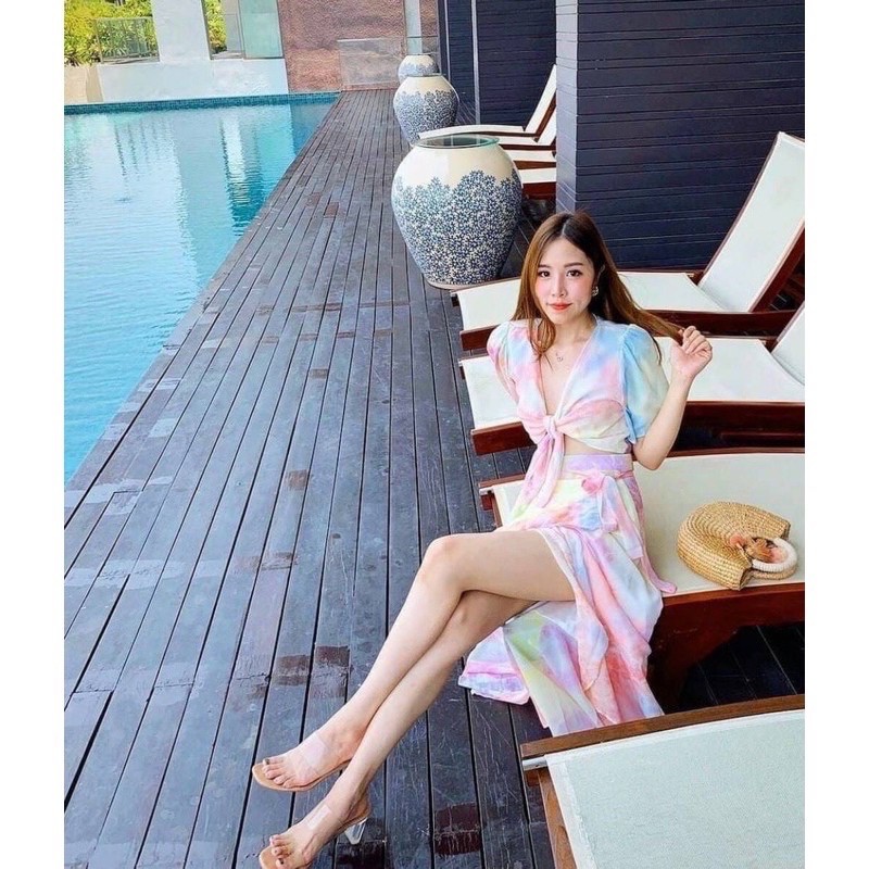 เสื้อผูกโบว์พาสเทล เสื้อผูกสีรุ้ง ครอปพาสเทล+กระโปรงพาสเทล ป้าย i rich กระโปรงสีรุ้ง