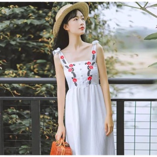 🎀Korean style dress🎀เดรสสไตล์เกาหลี ผ้าลินิน แต่งสายผูกโบว์สุดน่ารัก