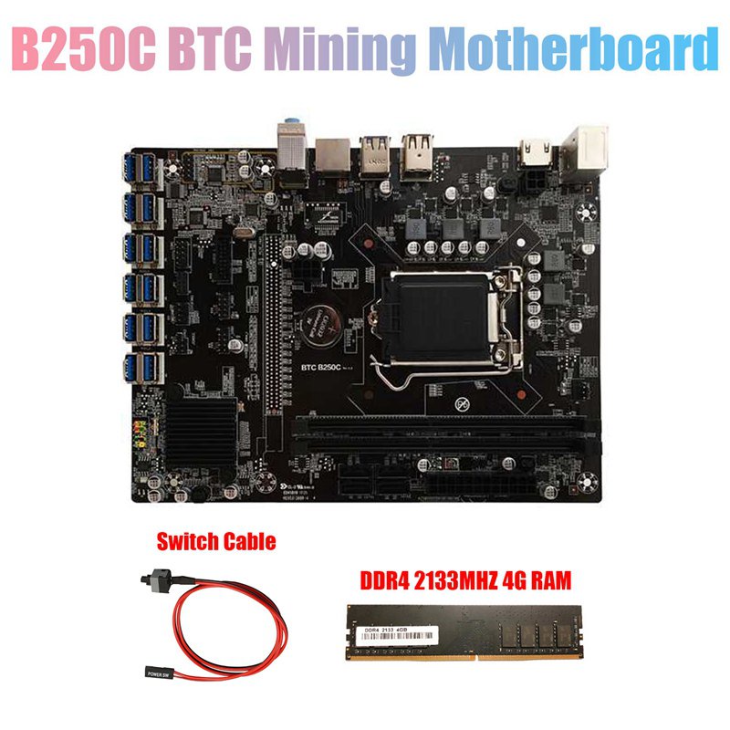 B250C BTC Mining Motherboard+DDR4 4G 2133Mhz RAM+Switch Cable 12XPCIE to USB3.0 GPU Slot LGA1151 Computer Motherboard HL