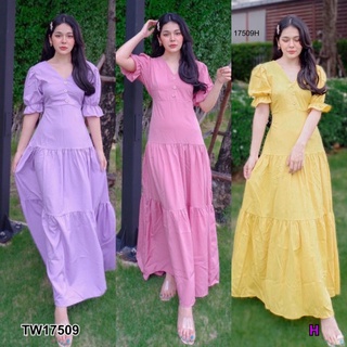 B17509 แม็กซี่เดรสแขนตุ๊กตาสีพื้น ผูกเอวMaxi dress with solid color doll sleeves tied at the waist