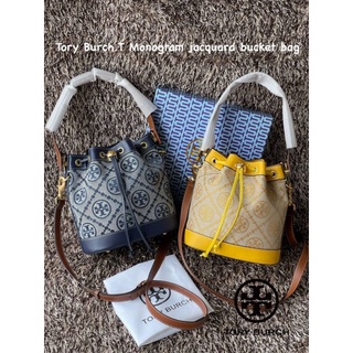 งานOutlet Tory Burch T Monogram jacquard Small bucket bag กระเป๋าถือ/สะพายไหล่ วัสดุหนังวัวแท้ ทรงถัง