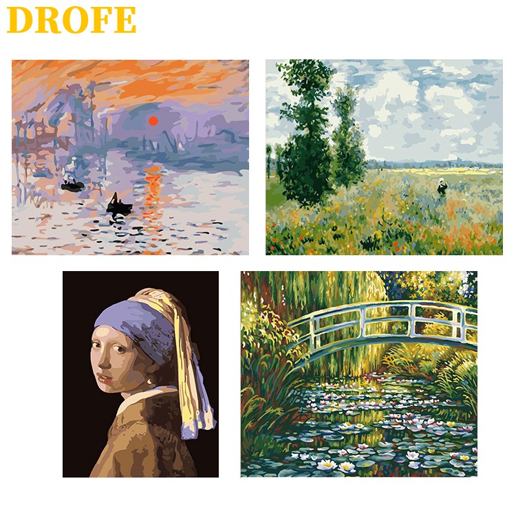 DROFE ภาพระบายสีตามตัวเลข DIY คอลเลกชันภาพสีน้ำมัน Monet【ขนาด : 50X40 ซม】