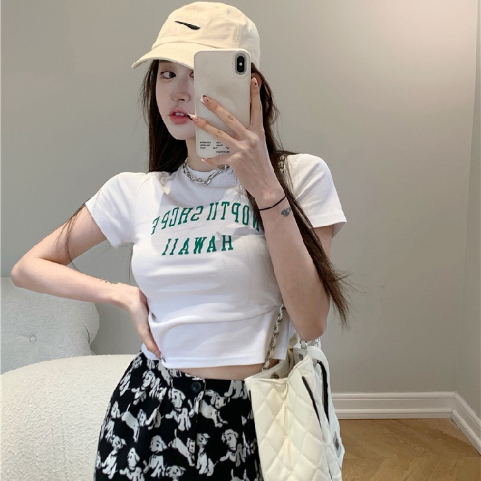 เสื้อยืดแขนสั้นพิมพ์ลายตัวอักษรสั้นทรงเข้ารูปสำหรับผู้หญิง，เสื้อครอป【6767】