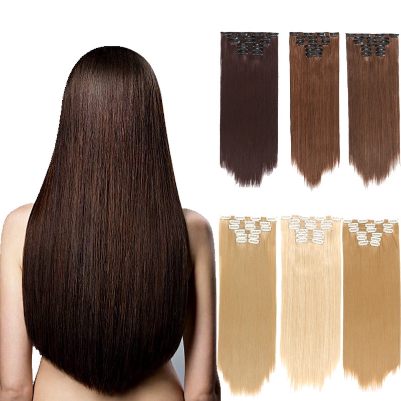 16 คลิป 24 นิ้วยาวตรงต่อผมสังเคราะห์คลิปในวิกผมสีบลอนด์สีดํา