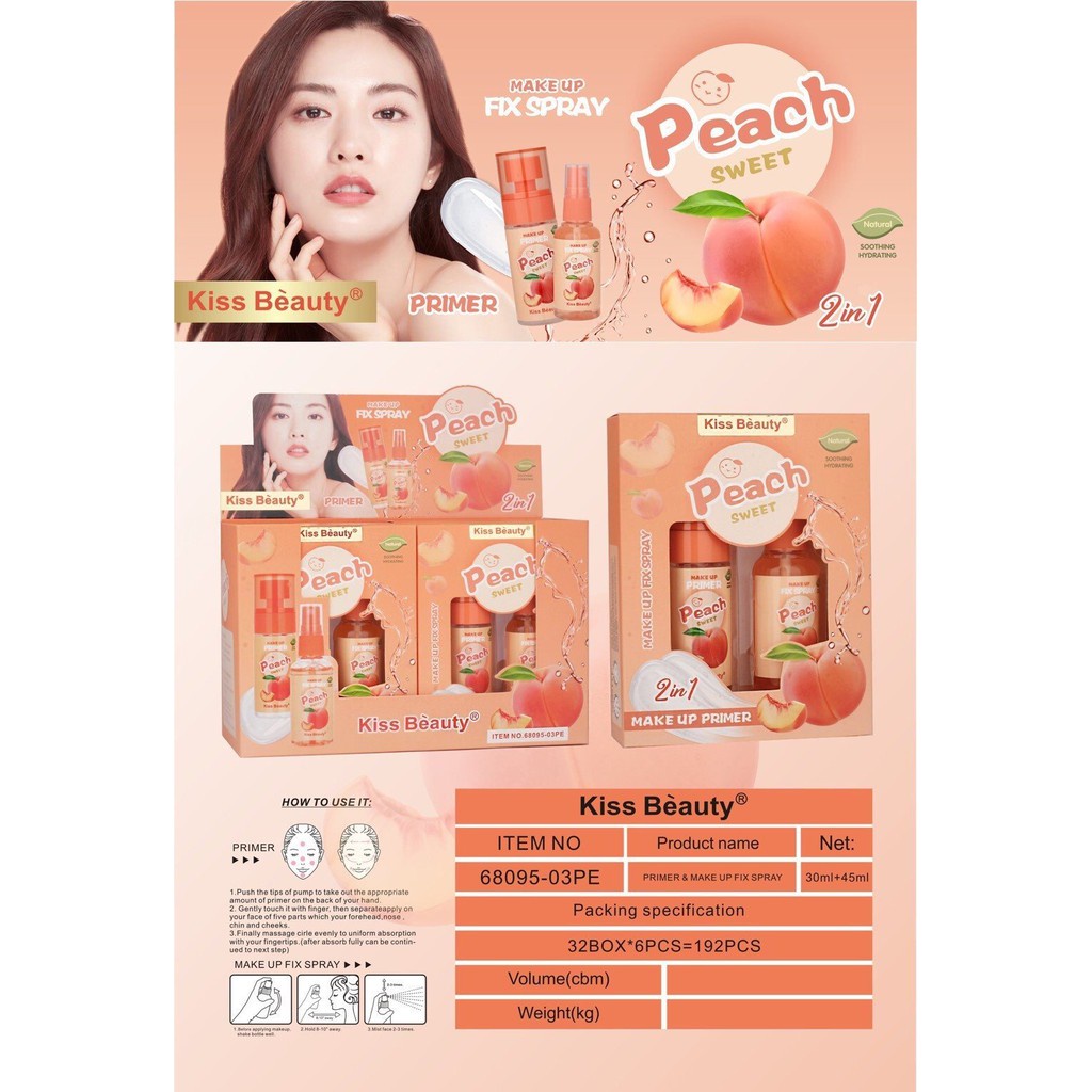No.68095 KISS BEAUTY 2In1 Makeup Fix Spray Peach Sweet เซ็ตไพรเมอร์ลูกพีช+ สเปร์ยน้ำแร่ล็อคเครื่องสำอางค์ กลิ่นหอม