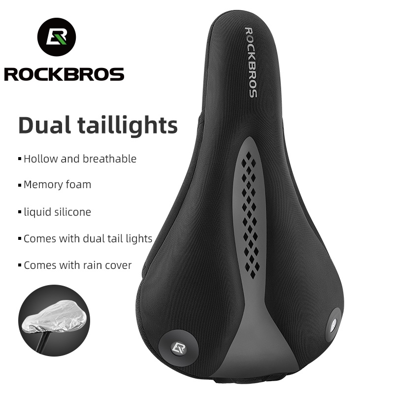 ROCKBROS อานจักรยาน กันกระแทก ระบายอากาศ อานจักรยาน พร้อมไฟท้าย เคสซิลิโคนเหลว สบาย