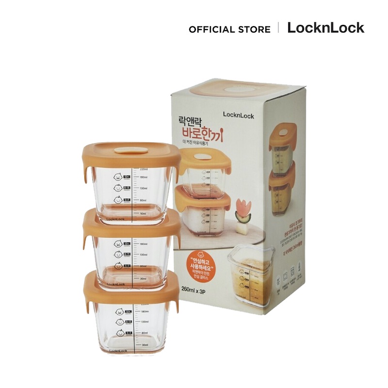 LocknLock เซ็ตกล่องแก้วใส่อาหารสำหรับเด็ก Baby Food Container 3 ชิ้น ความจุ 260ml รุ่น LLG519S3