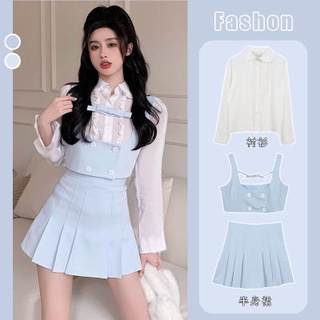 🔥Hot Sale/🌻💞 Suit Women 2022 New Ruffled Doll Collar Shirt + Camisole + Pleated Skirt Set 3 ชิ้น