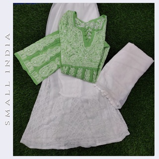 {**ส่งฟรี**} SMALL INDIA 🌷 Fine Chikankari Kurti And Garara ชุดเซ็ทเสื้อกางเกง 🌷 Kurta Set