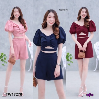 TwinsShopVip💗พร้อมส่ง TW17270 set 2 ชิ้น เสื้อครอปแขนตุ๊กตา + กางเกงขาสั้น