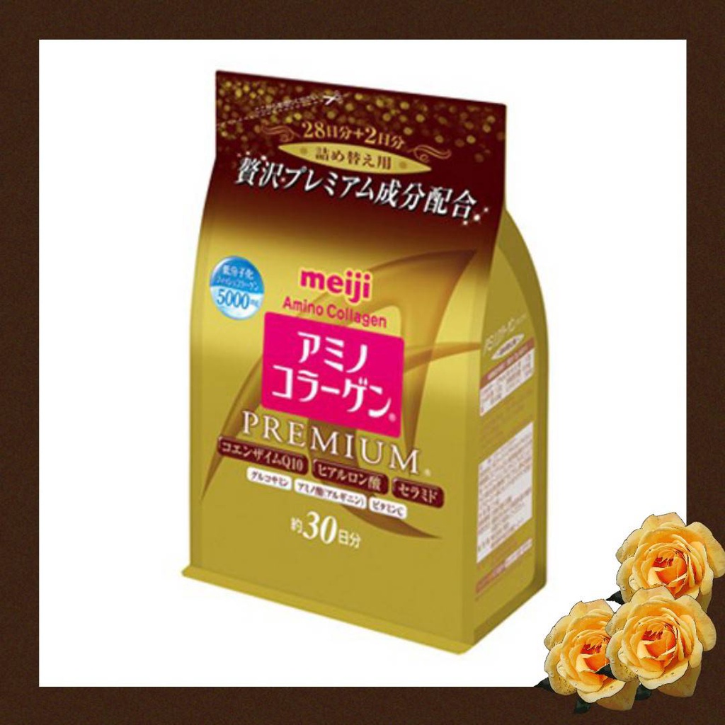 Meiji Amino Collagen Premium เมจิ อะมิโน คอลลาเจน สีทอง ชนิดผง 28 วัน แบบถุง Refill ซิปล๊อค คอลลาเจนผงคุณภาพสูง