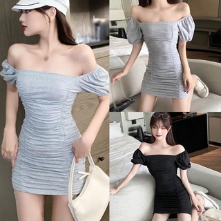 ชุดเดรสสําหรับสตรีเซ็กซี่แขนกุดเปิดไหล่สีพื้น Bodycon