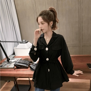 เสื้อเชิ้ตสไตล์เกาหลี หญิง oversize เสื้อเชิ้ตแขนยาว สาวอวบ เชิ้ตเกาหลี พร้อมส่ง การออกแบบใหม่ fashion มีสผูกเอวด้านหลัง