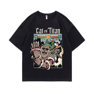 ผ้าฝ้ายคอกลมใหม่ เสื้อยืด ผ้าฝ้าย 100% พิมพ์ลายอนิเมะ Levi Ackerman Beastly Titan Attack on Titan ed Cat on Titan น่ารัก
