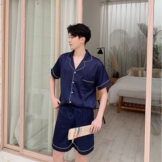 ชุดนอน​ Navy blue pajamas (premium​ silk satin)​