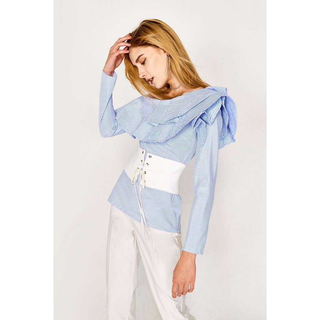 Hamburger studio เสื้อลายทางระบายVenice Open Shoulder Top (H0163)