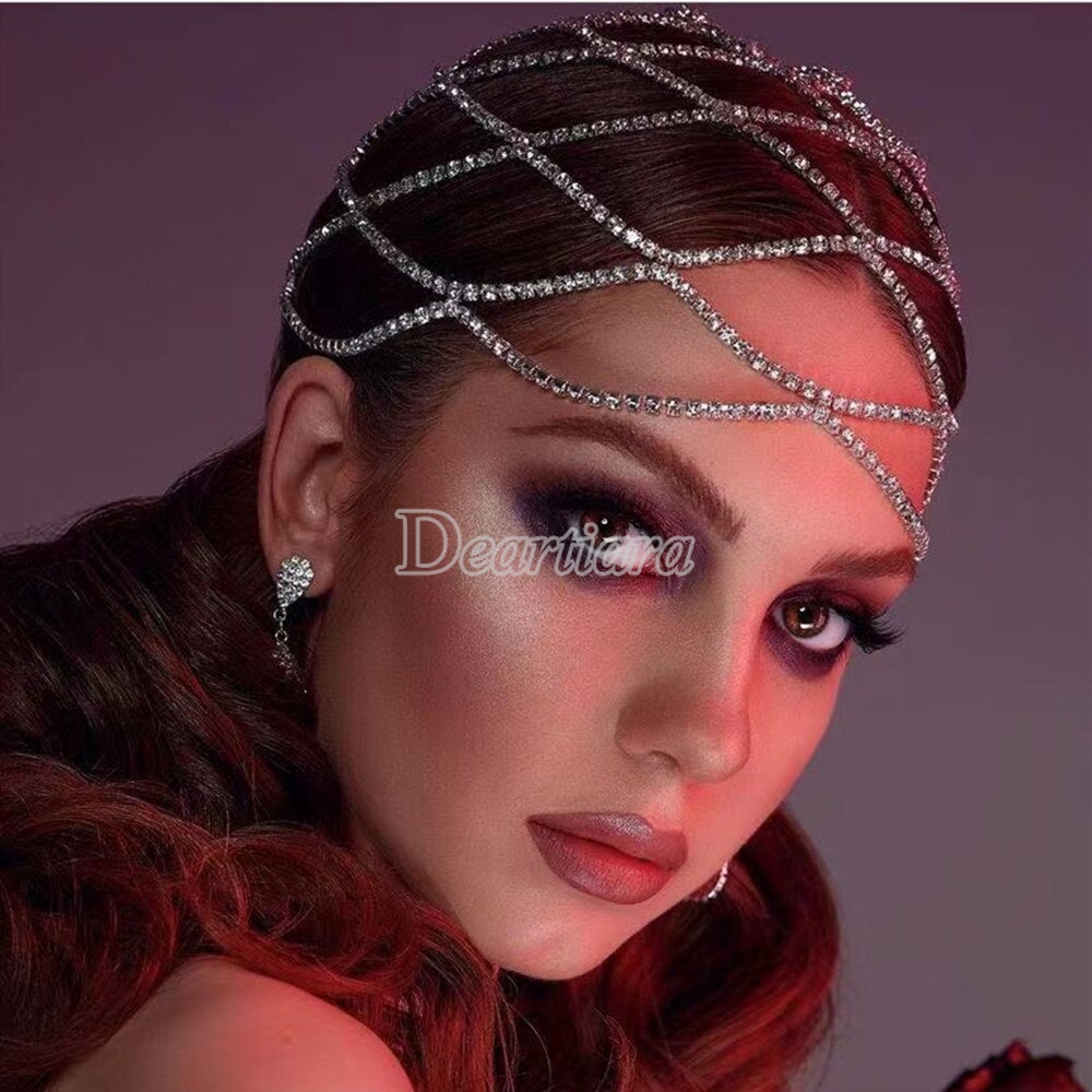 อุปกรณ์ทําผมสายโซ่ตาข่ายหลายชั้นประดับเพชร Rhinestone แฟชั่นสําหรับสตรี

